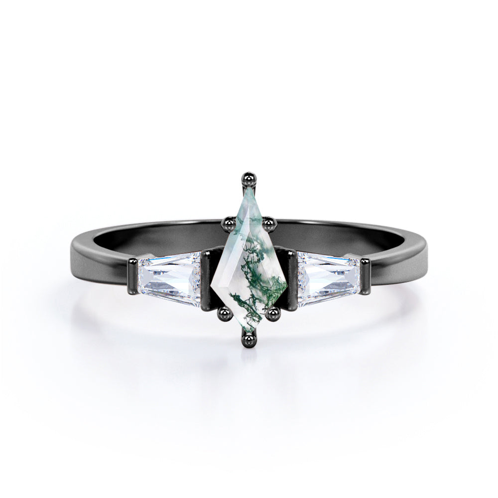 Contemporary three stone 1.2 carat Kite shape Moss Green Agate and diamond baguette style engagement ring in White gold