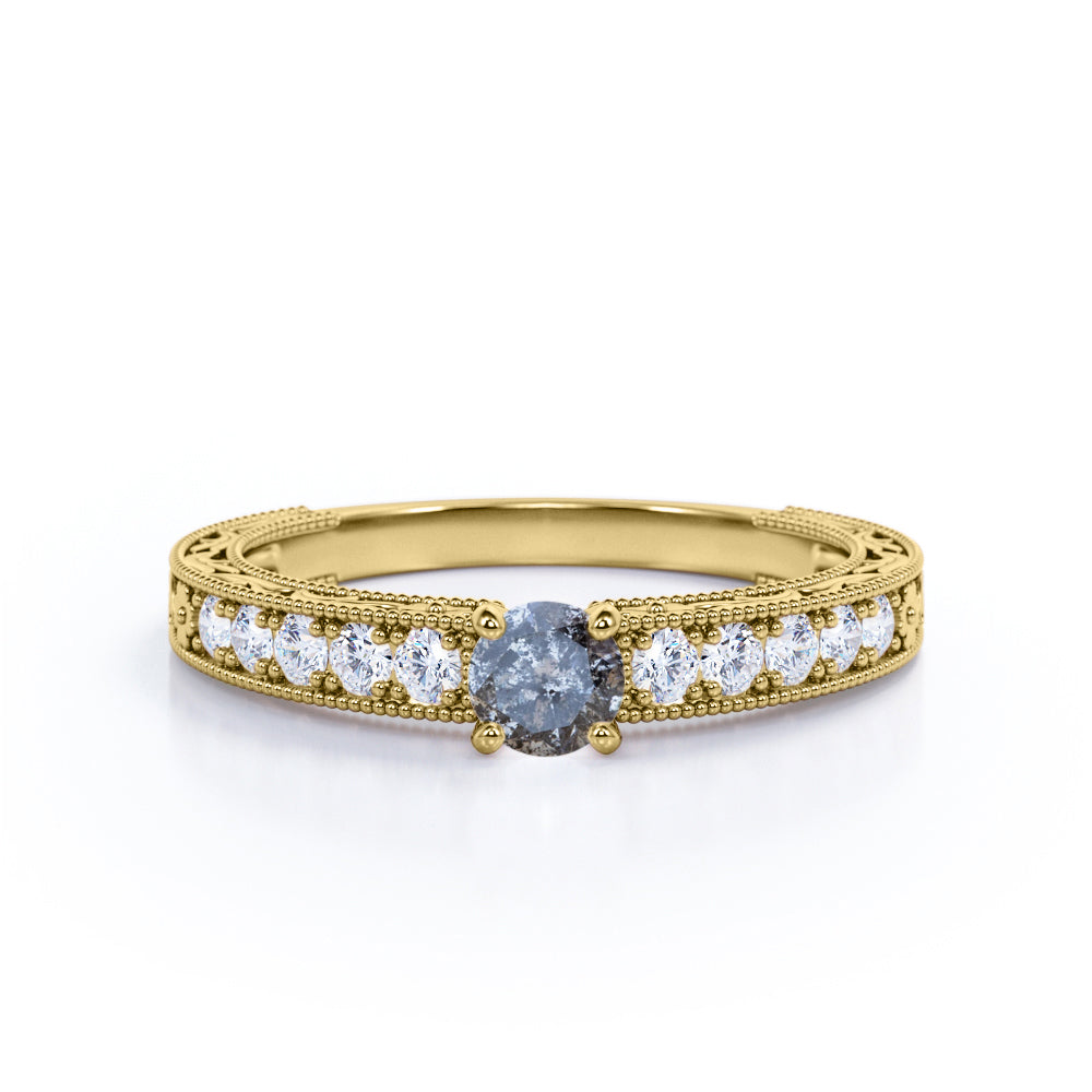 Antique Cathedral 0.7 carat Round cut Salt and pepper diamond scrollwork filigree engagement ring in White gold