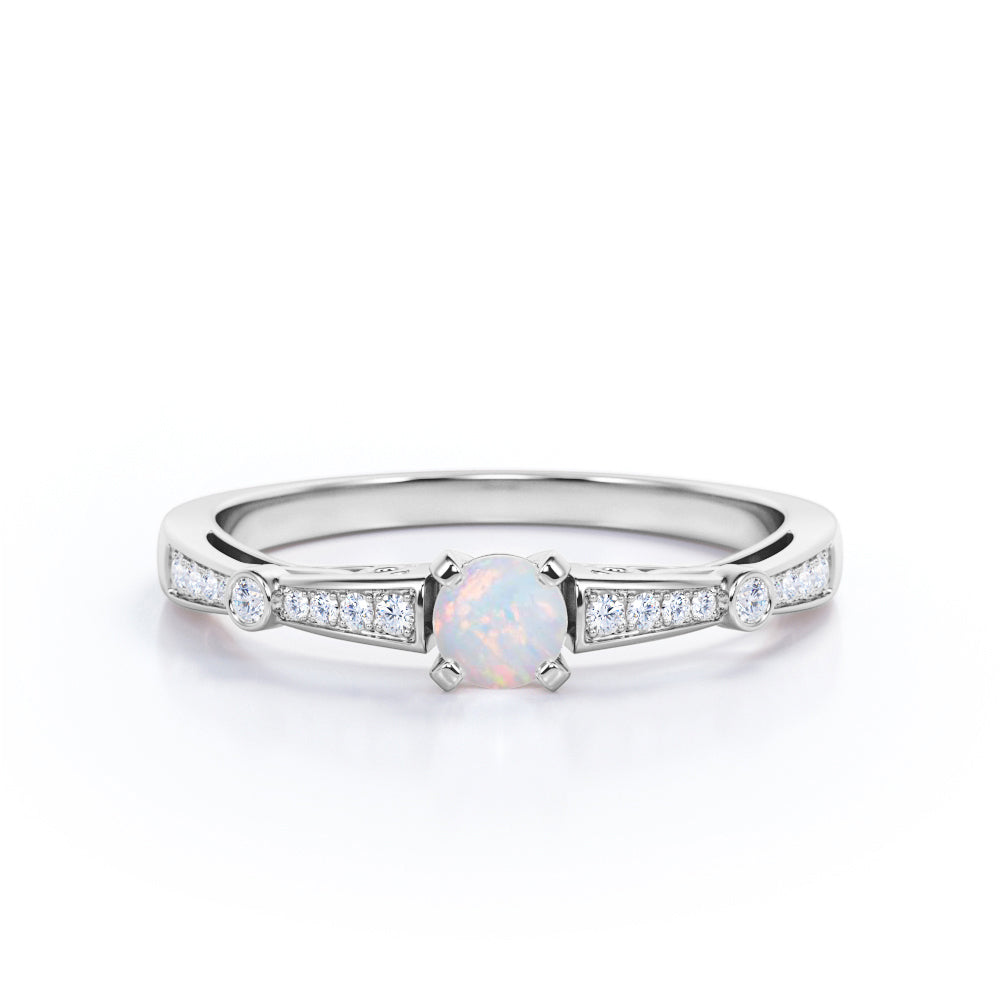 Artistic 0.66 carat Round cut Natural Ethiopian Opal and diamond art deco style engagement ring in Yellow gold