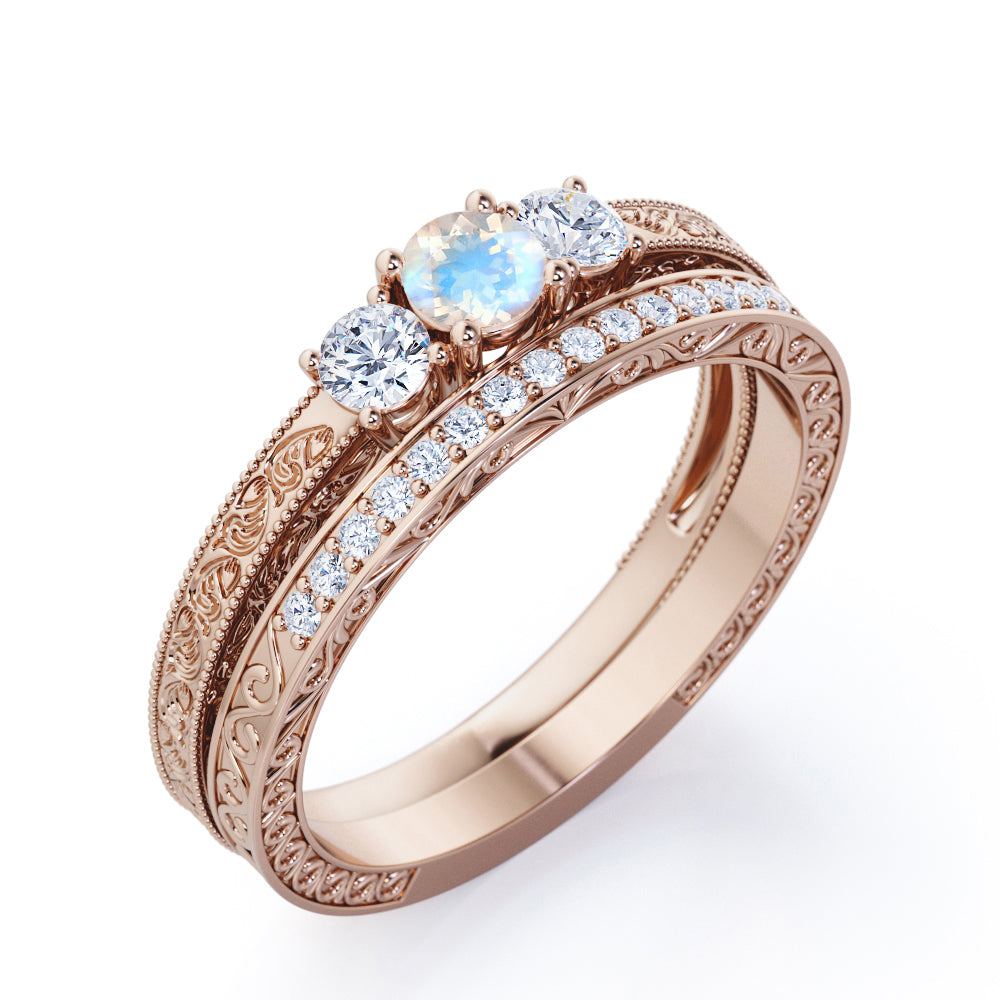 Past Present future 1.25 carat Round cut Vintage art deco Moonstone and diamond wedding ring set for her