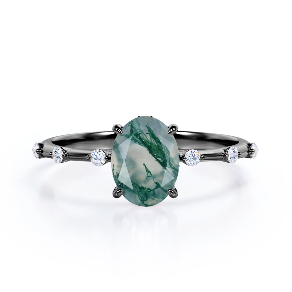 Branch Twig inspired 1.1 carat Moss Green Agate and diamond claw prong engagement ring in White gold