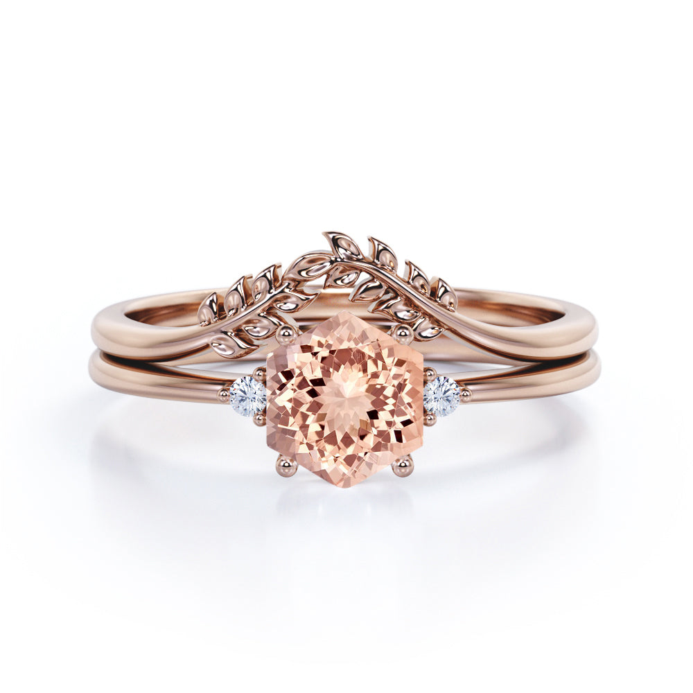 Quadrilateral Chevron 0.55 carat Hexagon Morganite and diamond floral contoured wedding ring set in Black gold