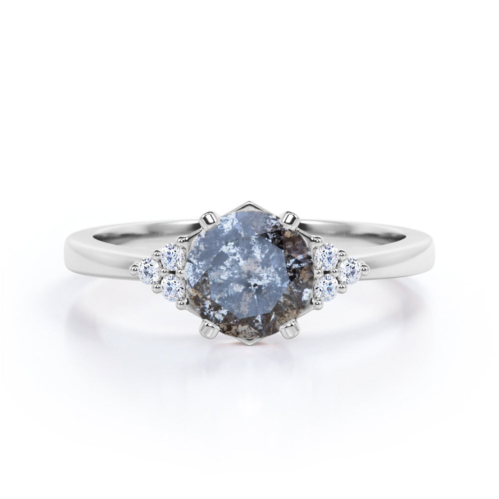Asymmetric Bezel 0.65 carat Round cut Salt and pepper diamond and White diamond shank style engagement ring in yellow gold