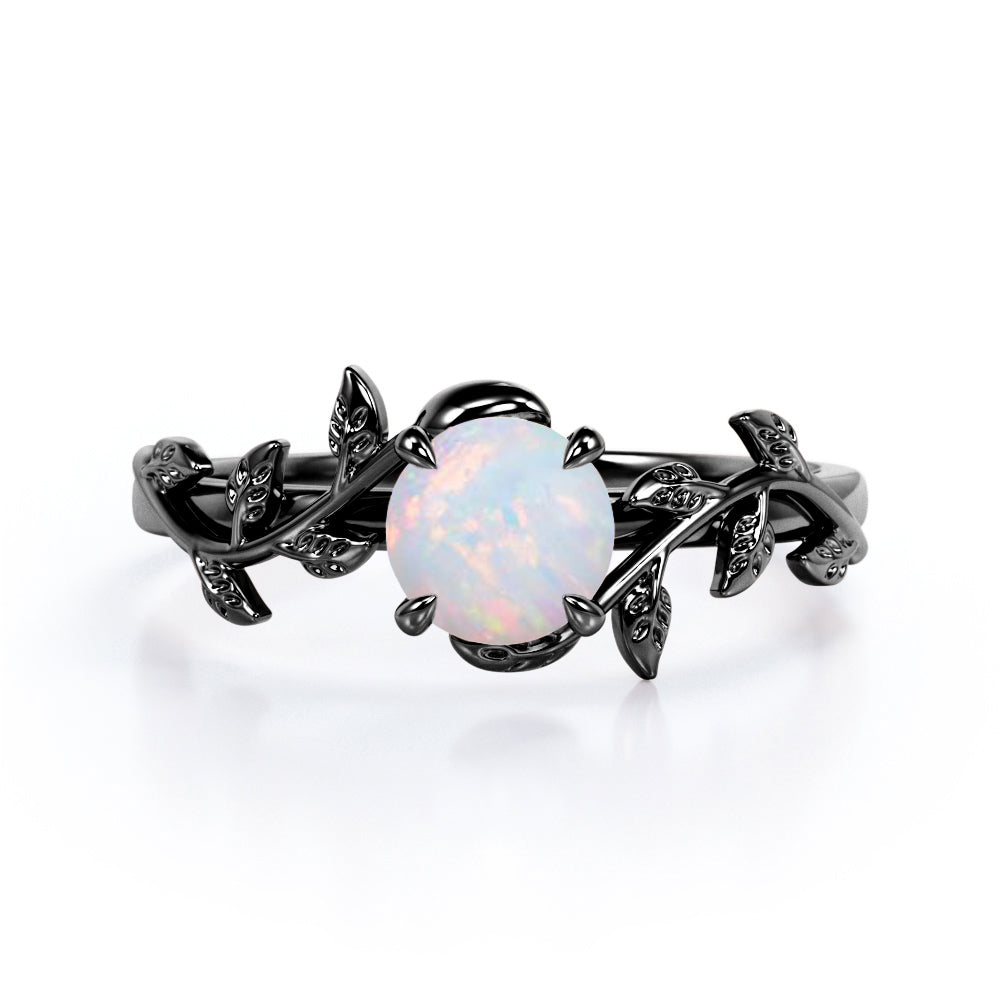 Classic nature inspired 1 carat Round cut Australian Opal vine and leaf engagement ring in White gold