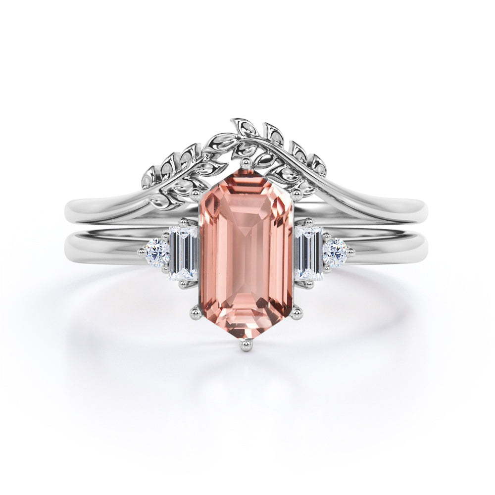 Floral Chevron 1.1 carat Hexagon Morganite and diamond Bridal set for women in Rose gold