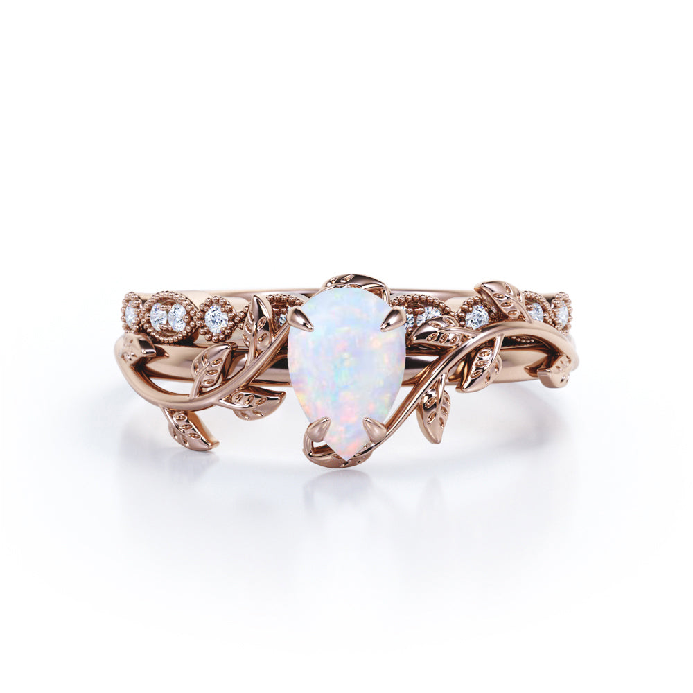 Art deco 1.15 carat Nature-inspired Pear cut Solid welo Opal with half-pave milgrain diamond Wedding ring set for women