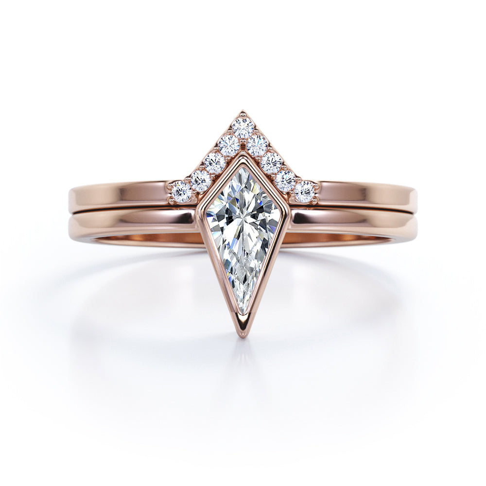Chevron Bezel 1.1 Carat Kite shaped Moissanite and diamond bridal set for women in White gold