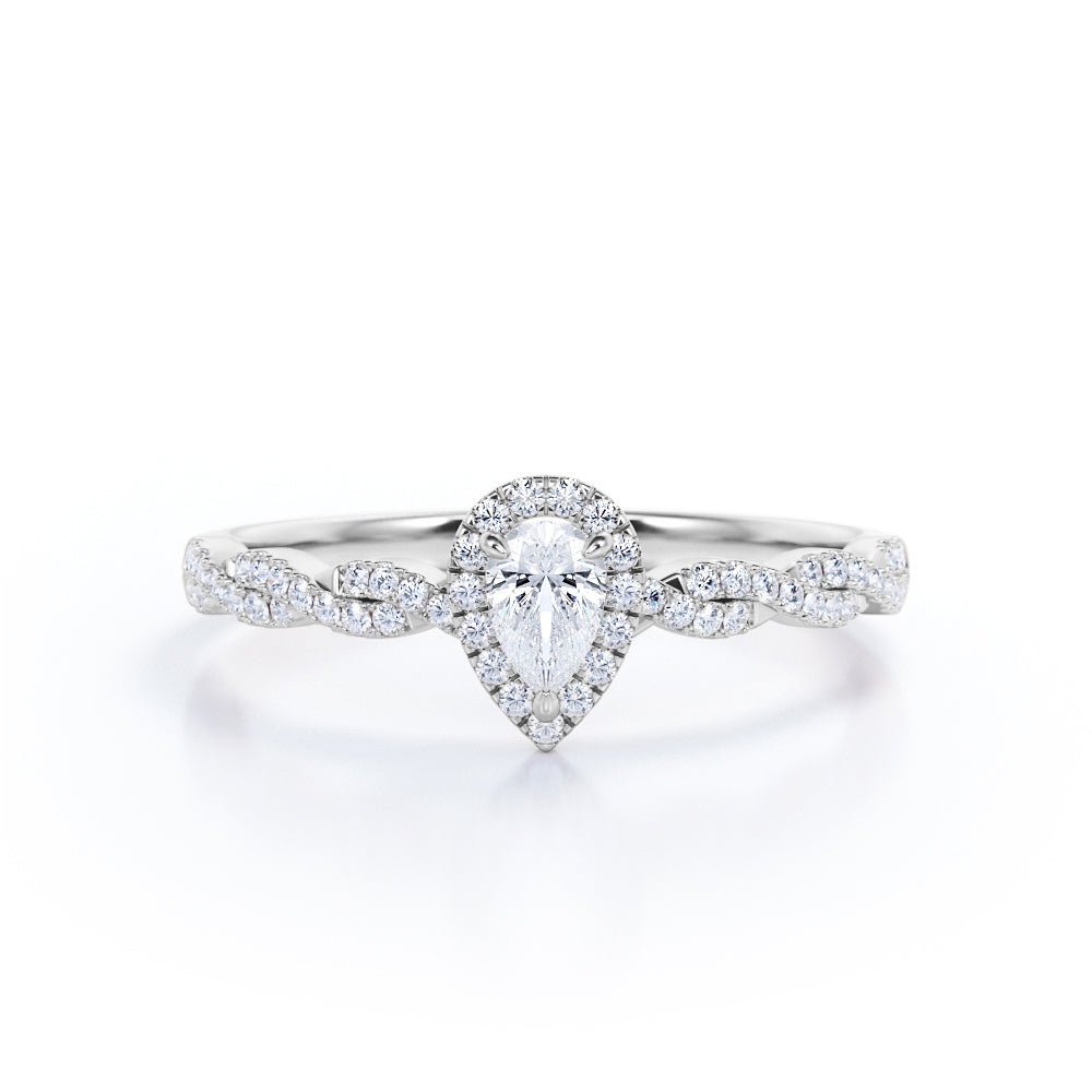 Infinity twist 0.5 carat Pear shape diamond vintage halo engagement ring in white gold-Promise ring