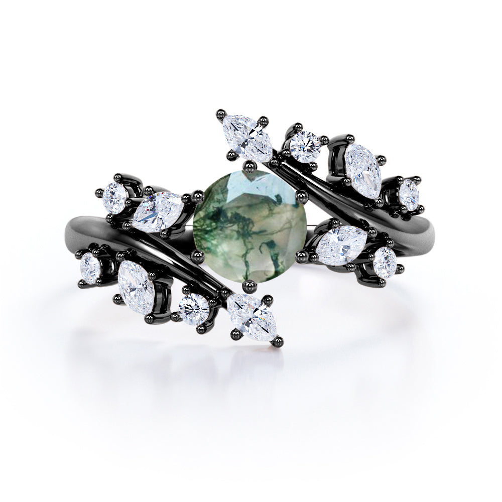 Floral Branch style 0.75 carat Round cut Moss Green Agate and diamond open style engagement ring in White gold