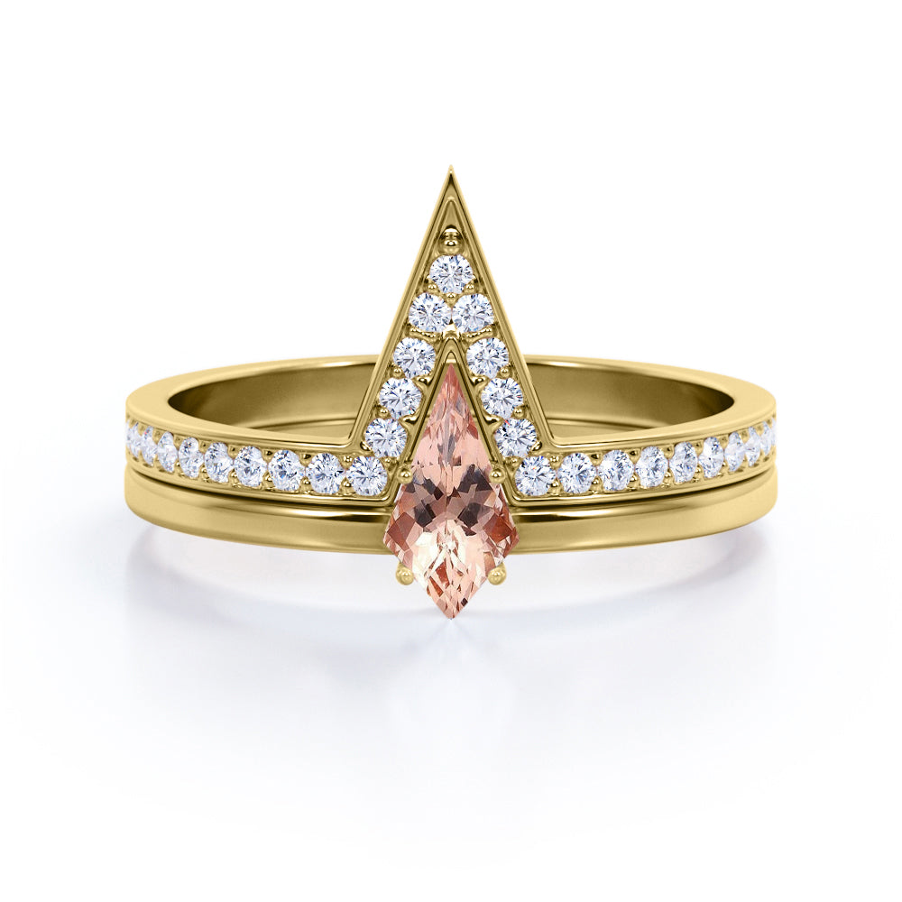 Modern Solitaire 1.25 carat Kite shaped Pink Morganite and diamond 4 prong wedding ring set in White gold