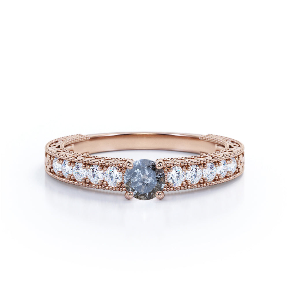 Antique Cathedral 0.7 carat Round cut Salt and pepper diamond scrollwork filigree engagement ring in White gold