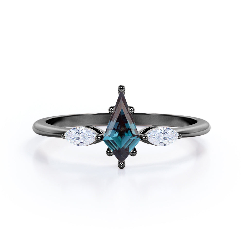 Unique trilogy 1.1 carat Kite shaped Lab created Alexandrite and diamond 6 prong engagement ring in Rose gold