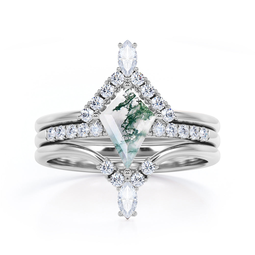 Eccentric Chevron style 1.4 carat Kite shaped Moss Green Agate and diamond trio wedding ring set for women in Rose gold