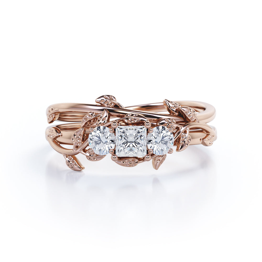Nature inspired 1.15 carat Princess cut Moissanite and diamond three stone wedding ring set for her