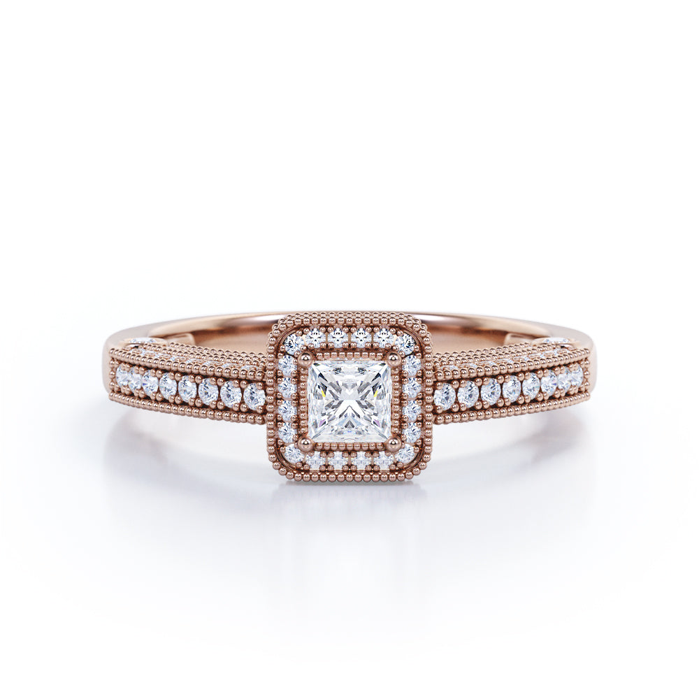 Classic Beaded 1 carat Princess cut Moissanite and diamond vintage style engagement ring in White gold