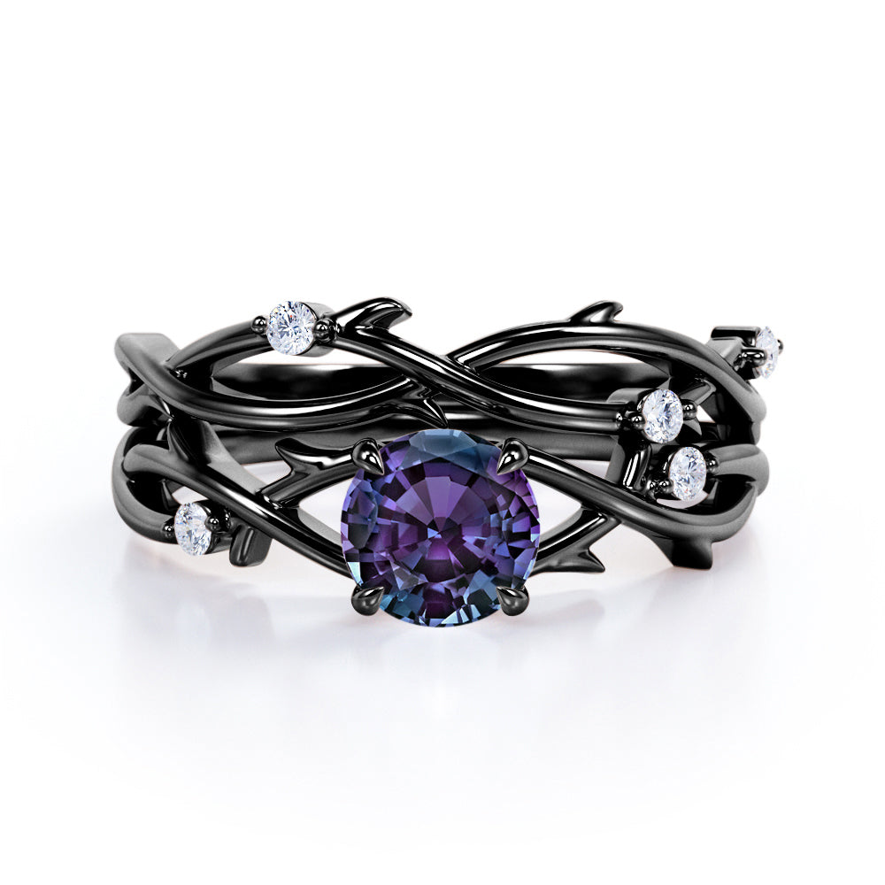 Twig Branch Bands 1.1 carat Round cut Synthetic Alexandrite and diamond art deco wedding ring set in Black gold