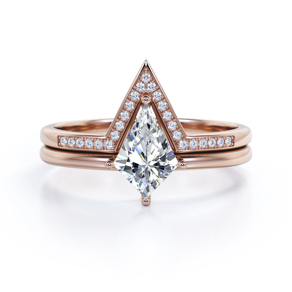 Pointed Crown 1.25 carat Kite shaped Moissanite and diamond Bridal set for women in Black gold