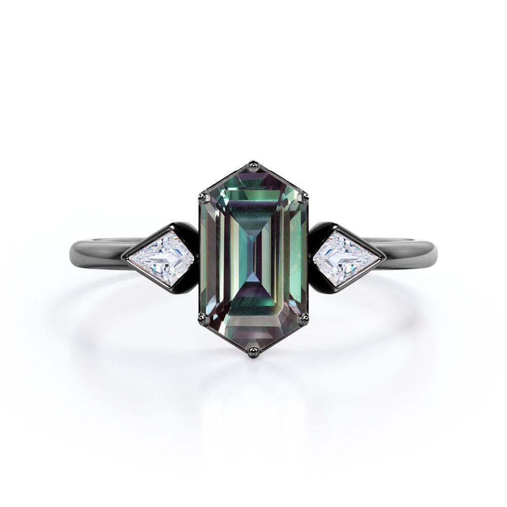 Trinity Bezels 1.1 carat Hexagon shaped Alexandrite and diamond engagement ring in Rose gold