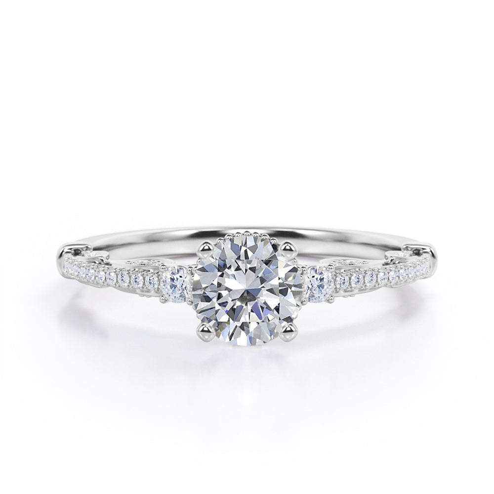 Triple stone 1.35 carat Round cut Moissanite and diamond art deco inspired engagement ring in Rose gold
