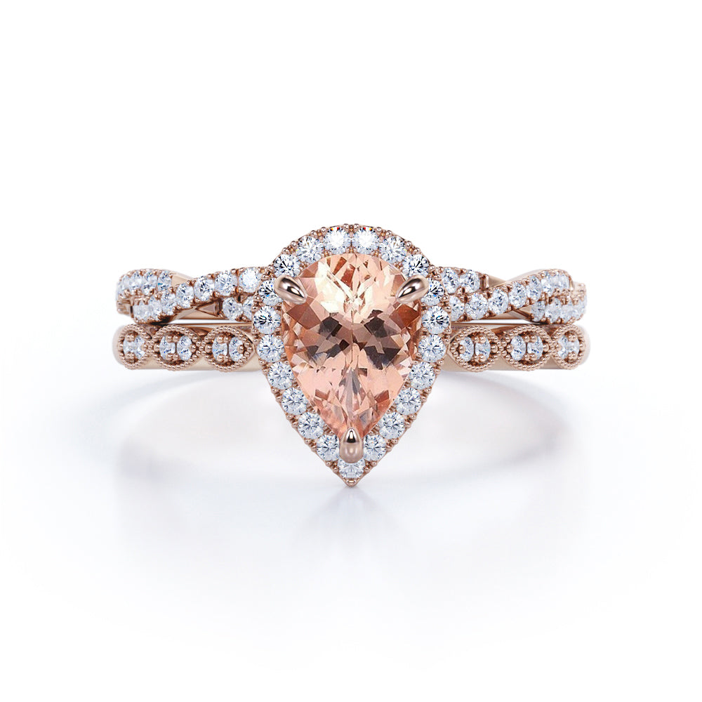 Pear Halo 1.75 carat Tear drop Morganite and diamond Milgrain and infinity wedding ring set for her
