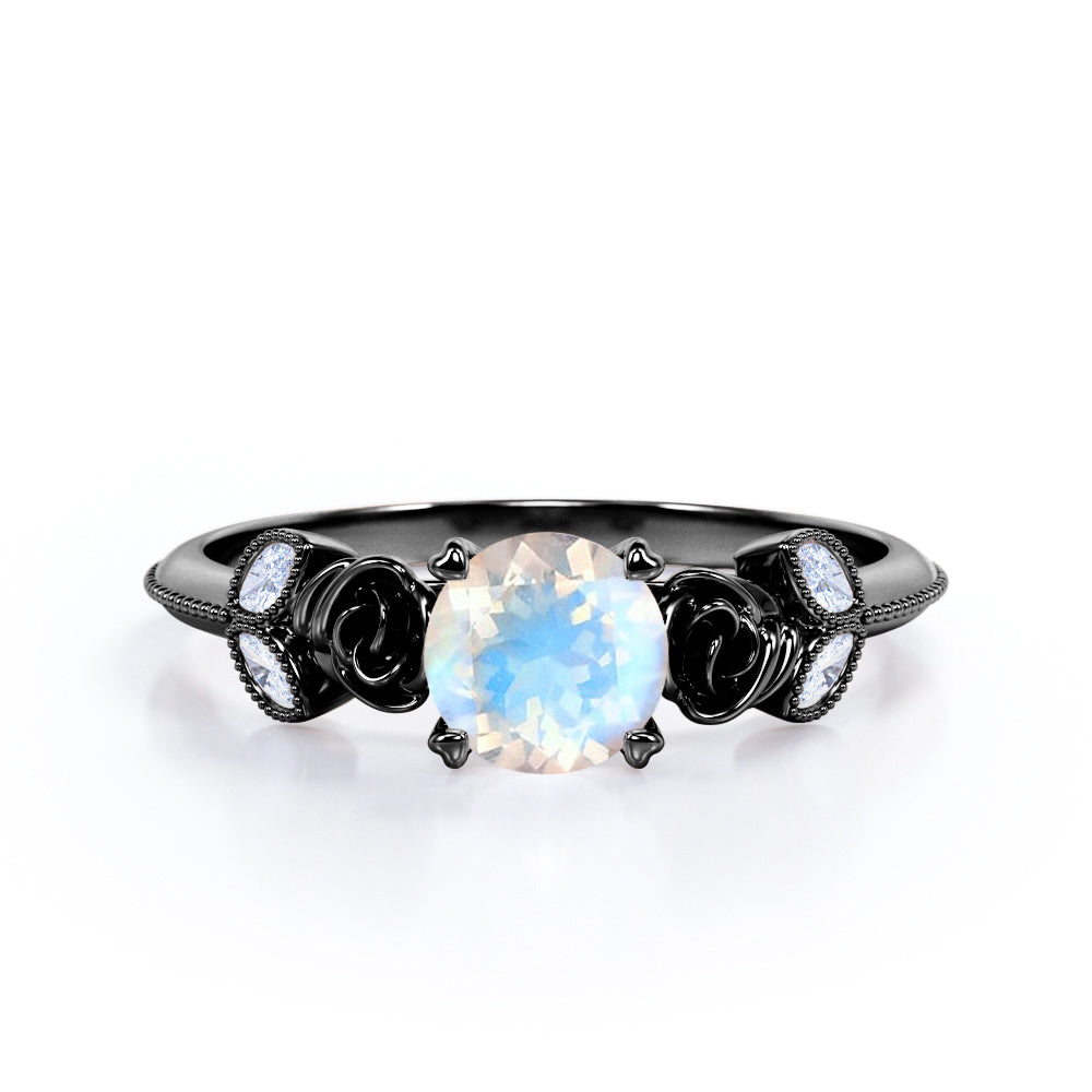 Vintage Rose 1.1 carat Round cut Blue Moonstone and marquise diamond engagement ring in White gold