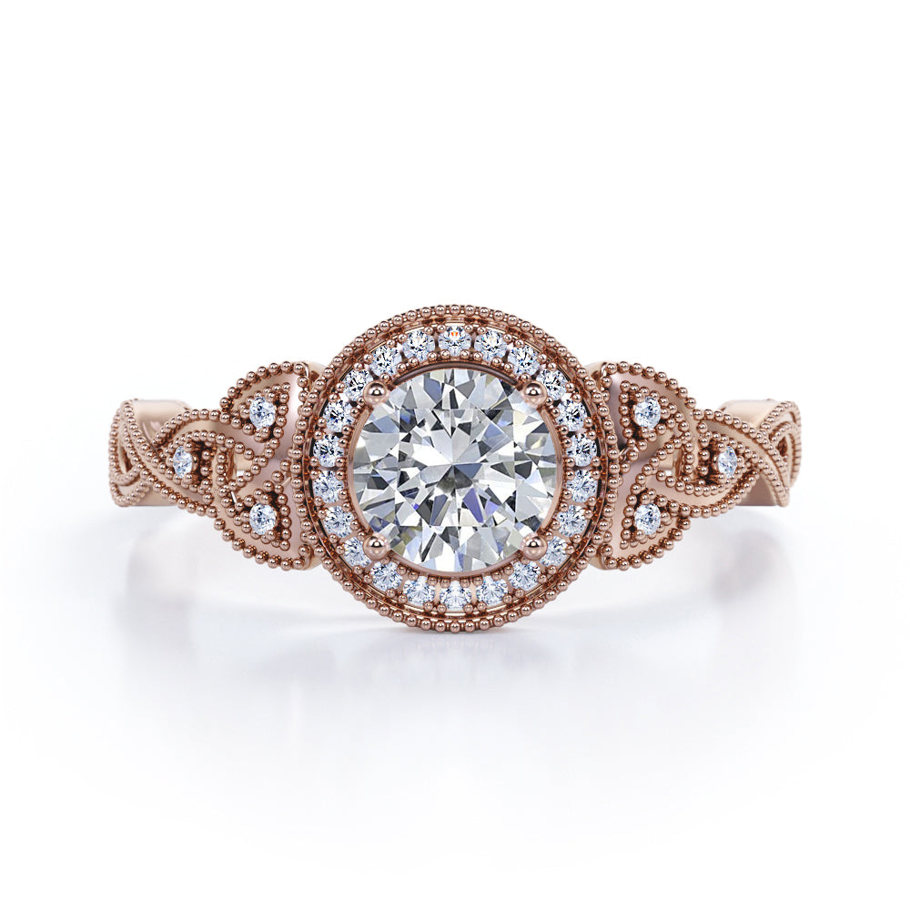Twisted infinity 1.5 carat Round cut Moissanite and diamond vintage halo engagement ring in Black gold