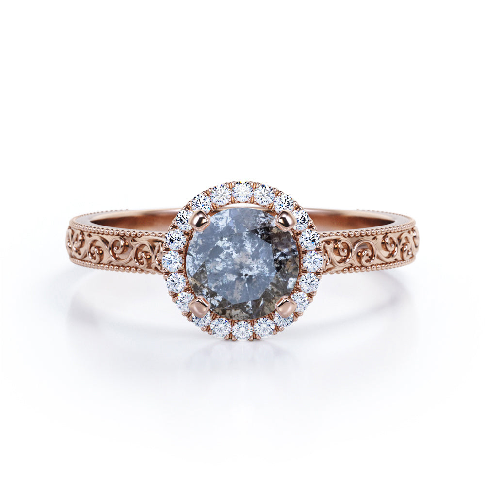Floral filigree 0.65 carat Round cut Salt and pepper diamond and White diamond unique halo engagement ring in white gold