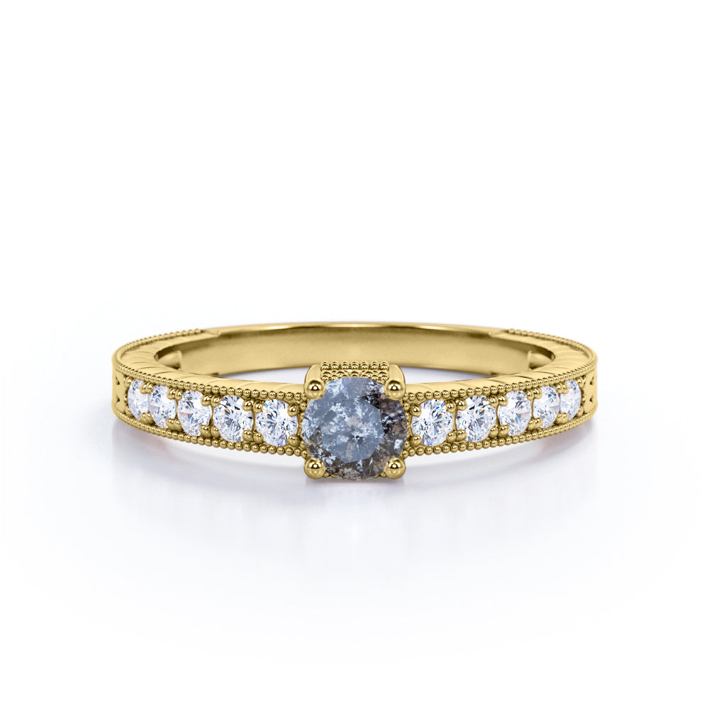 Art nouveau inspired 0.7 carat Round cut salt and pepper diamond and White diamond milgrain engagement ring in rose gold