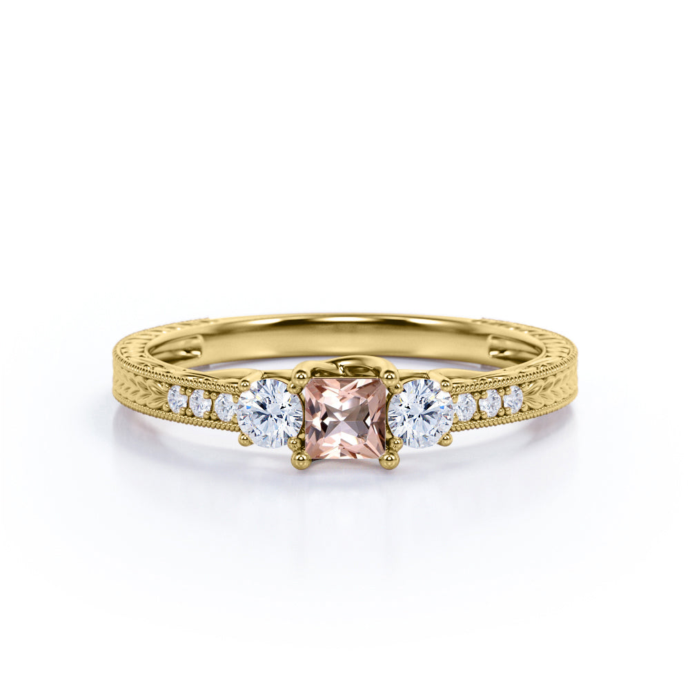 Modern 1.1 carat Princess cut Peach pink Morganite and diamond-3 stone engagement ring-leaf filigree ring for her