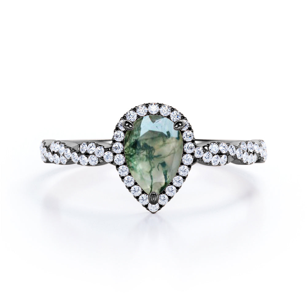 Stylish twisted style 1.5 carat Pear cut Moss Green Agate and diamond infinity halo engagement ring in Rose gold