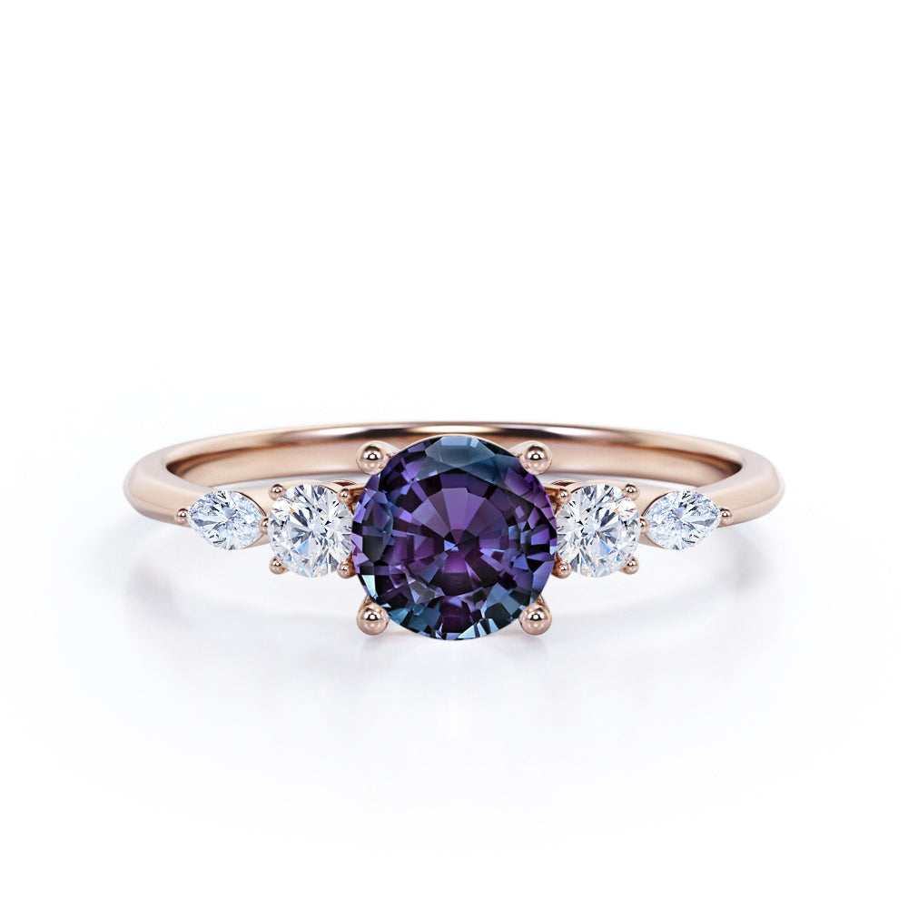 Button Prong style 0.65 carat Round cut Synthetic Alexandrite and diamond five stone engagement ring in White gold
