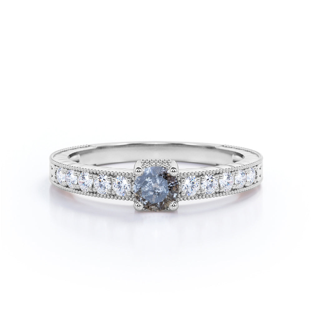 Art nouveau inspired 0.7 carat Round cut salt and pepper diamond and White diamond milgrain engagement ring in rose gold