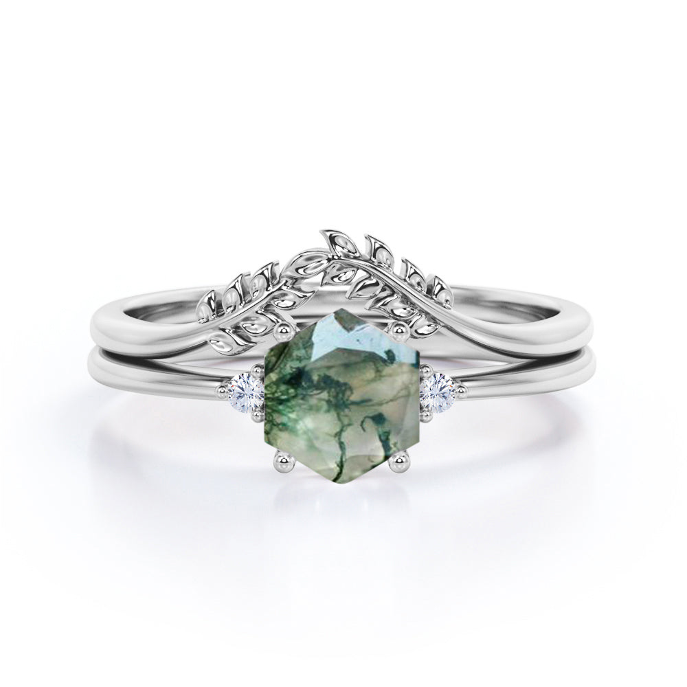 Earthy Three stone 0.55 carat Hexagon shaped Moss Green Agate and diamond antique style wedding ring set in Black gold