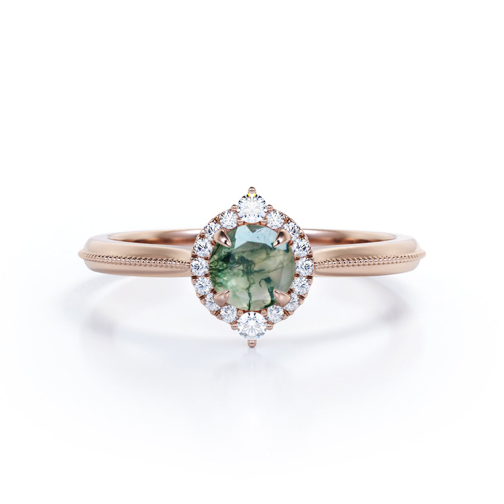 Milgrain Filled 0.75 Round cut Antique Pointed Halo Moss green Agate and diamond wedding ring set for women in gold