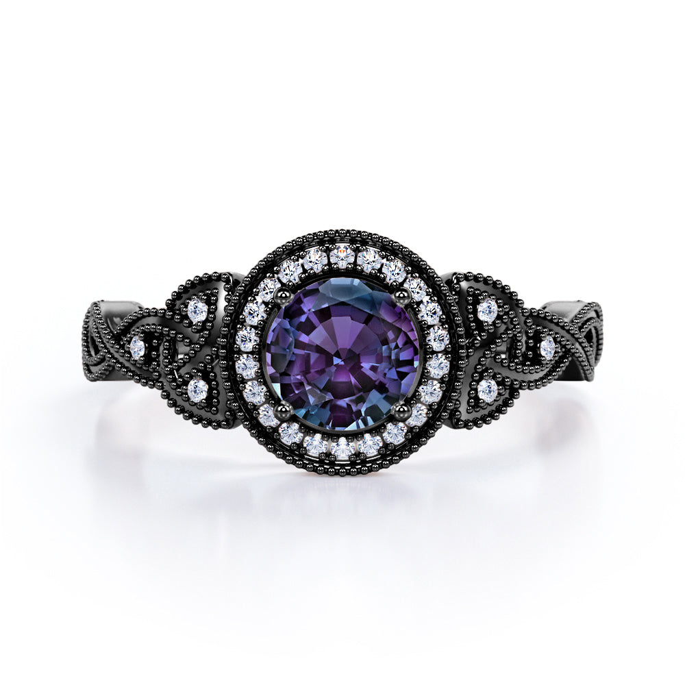 Exquisite halo 1.5 carat Round cut Lab made Alexandrite and diamond-floral patterns-engagement ring in White gold