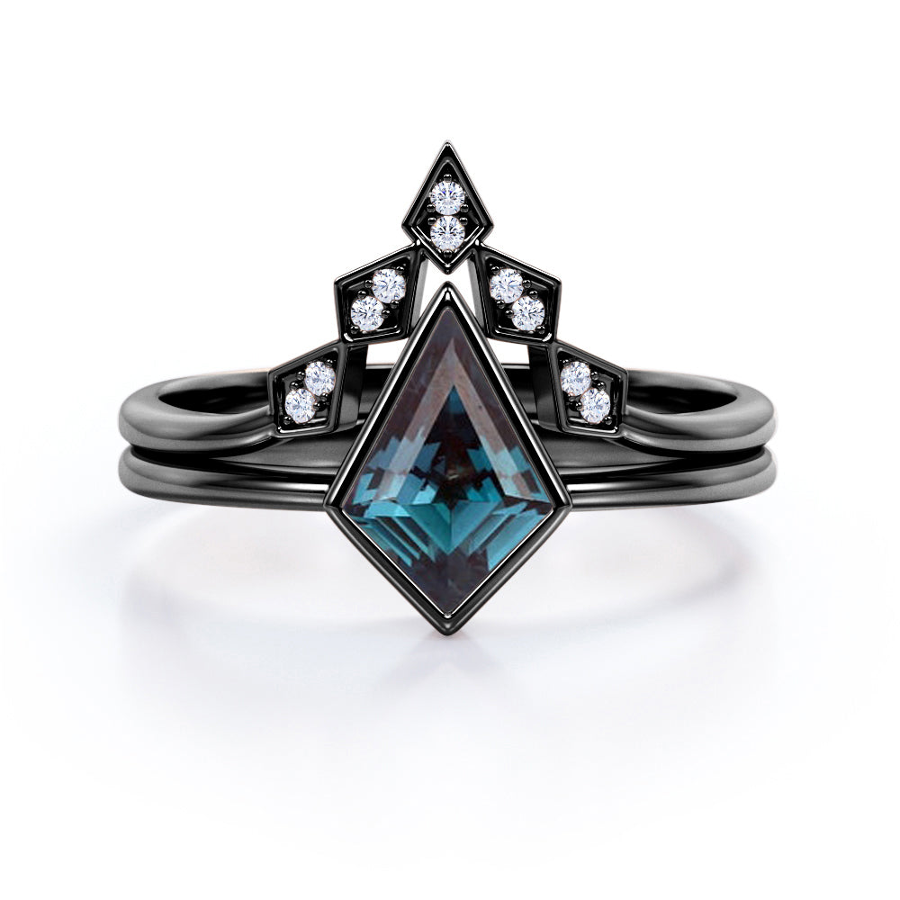 Bezel Tiara 1.15 carat Kite shaped Alexandrite and diamond Bridal ring set for her in White gold