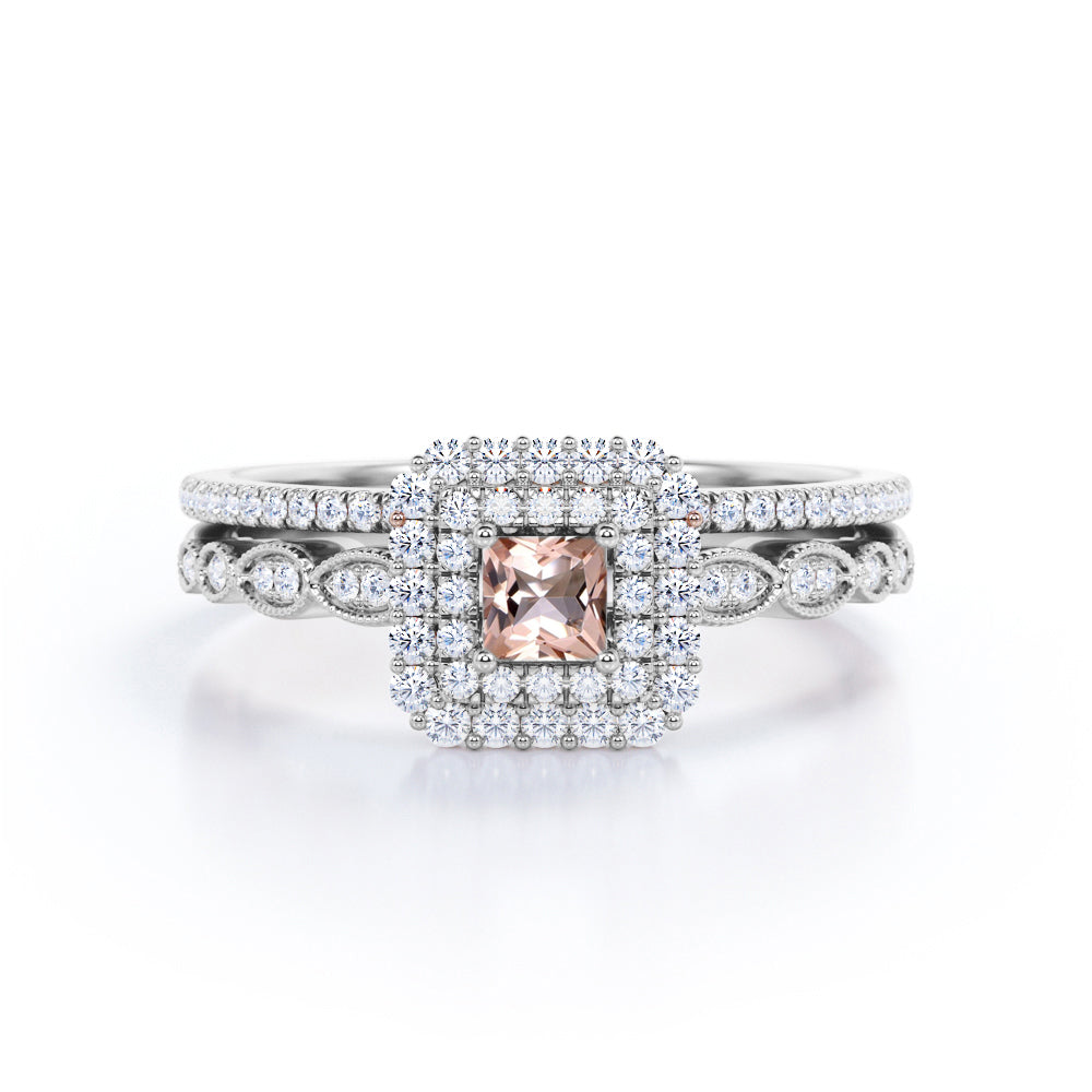 Intricate Double Halo 1.5 carat Princess cut Morganite and diamond Milgrain pave engagement ring set for women in yellow gold