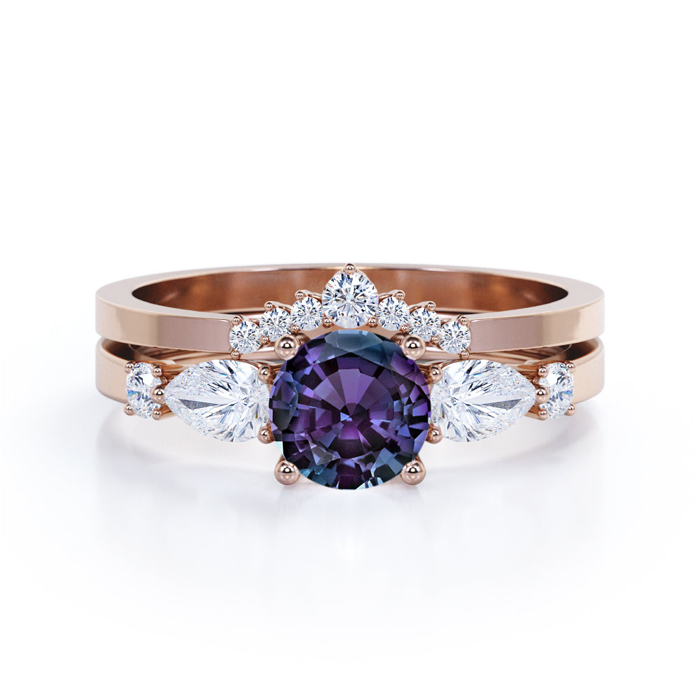 Modern Chevron 0.75 carat Round cut Lab created Alexandrite and diamond crown inspired wedding ring set in White gold