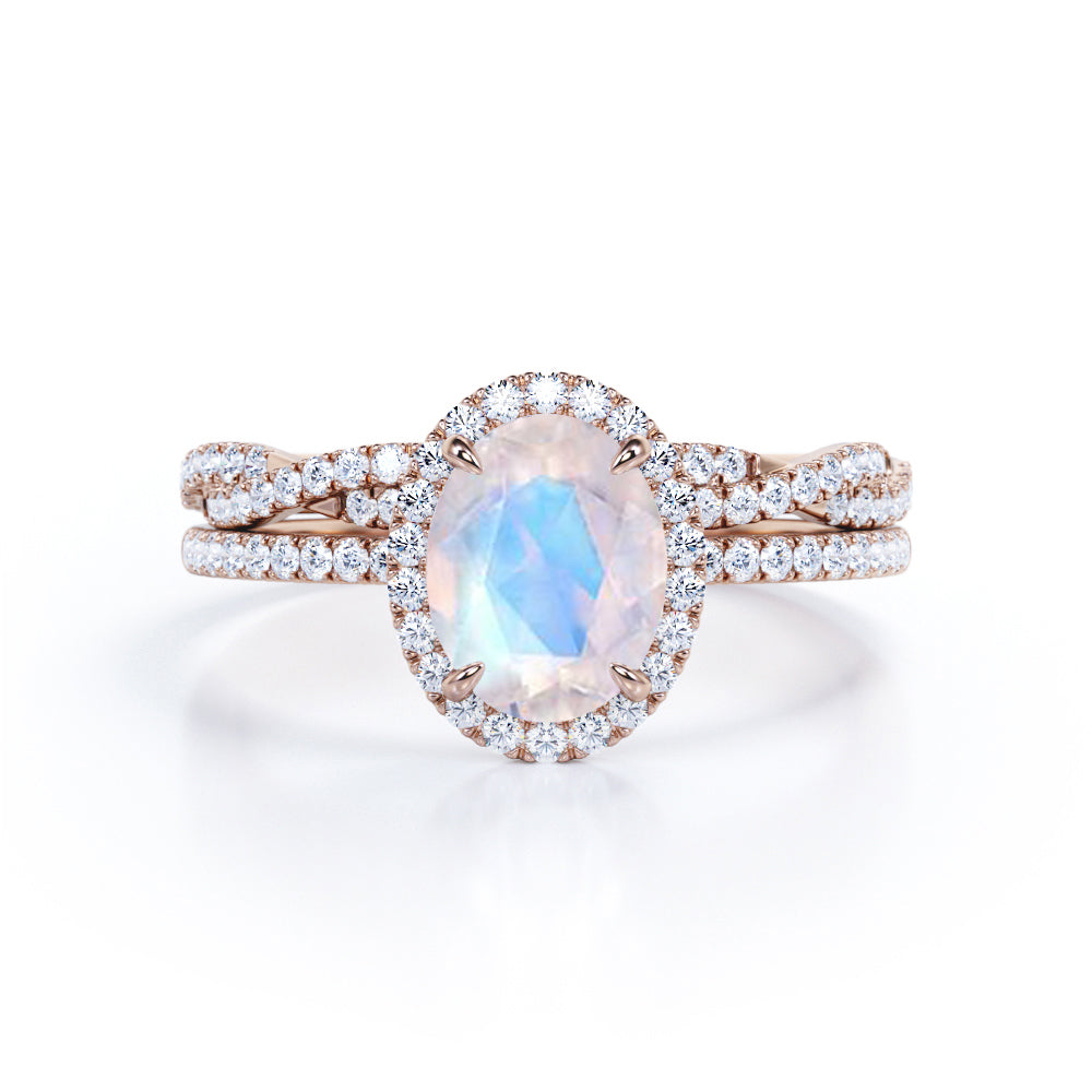 Vintage Halo 1.75 carat Oval cut Moonstone Promise ring and diamond infinity wedding ring band- Bridal set in White gold
