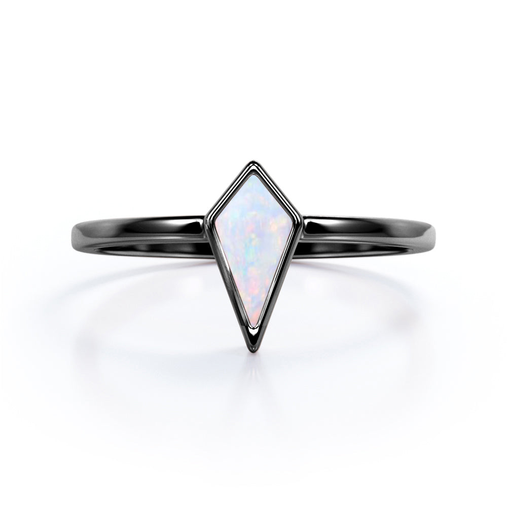 Classic Bezel 1 carat Kite shaped Australian Boulder Opal plain shank engagement ring in White gold