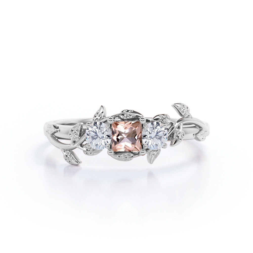 Tristone 1.1 carat Princess cut Morganite and round pave diamonds tree branch engagement ring in White gold