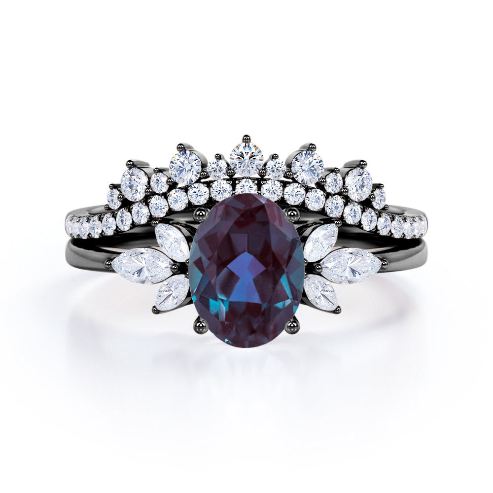 Exquisite Vintage inspired 1.5 carat Oval shaped Lab created Alexandrite and diamond chevron wedding ring set in Rose gold