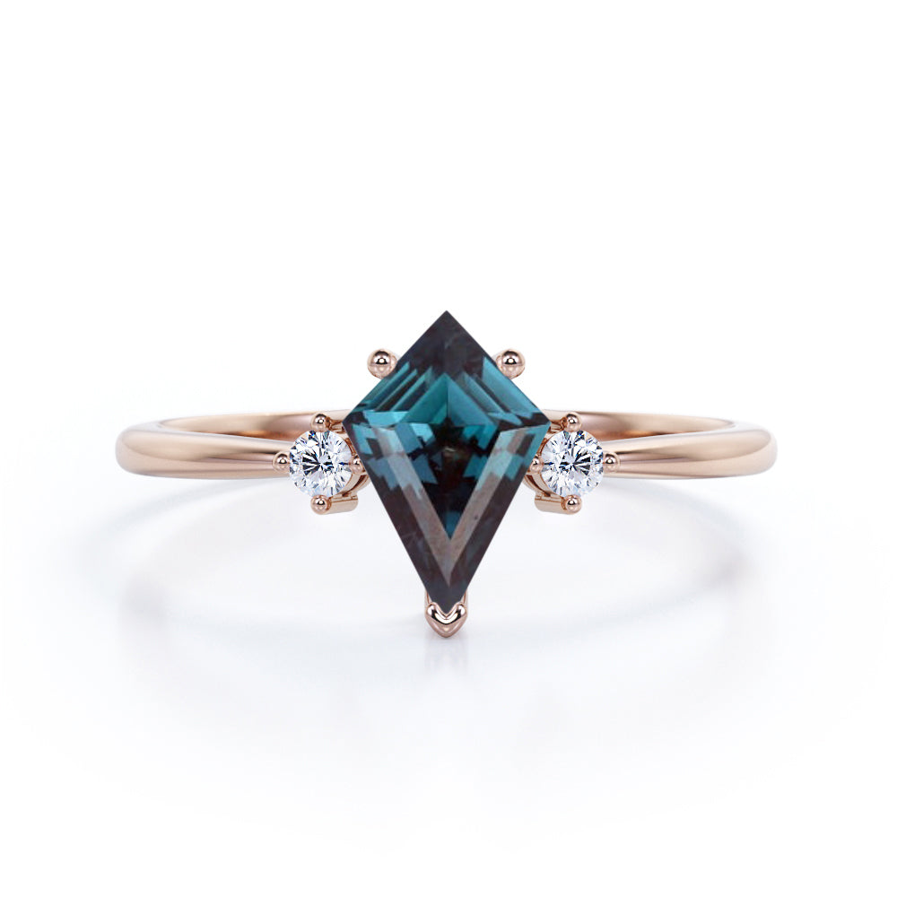 Triple stone 1 carat Kite shaped Alexandrite and diamond classic art deco engagement ring in Rose gold