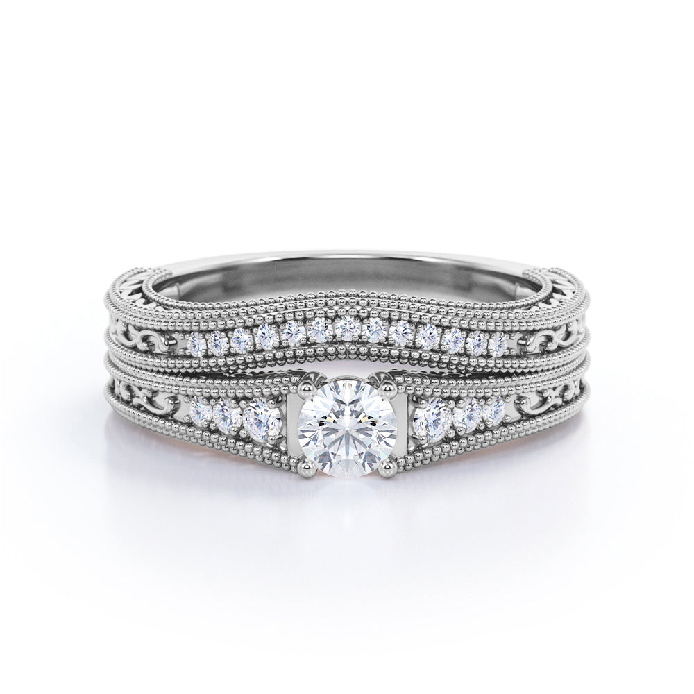 Contoured 0.8 carat Round cut Moissanite and diamond vintage filigree wedding ring set in rose gold