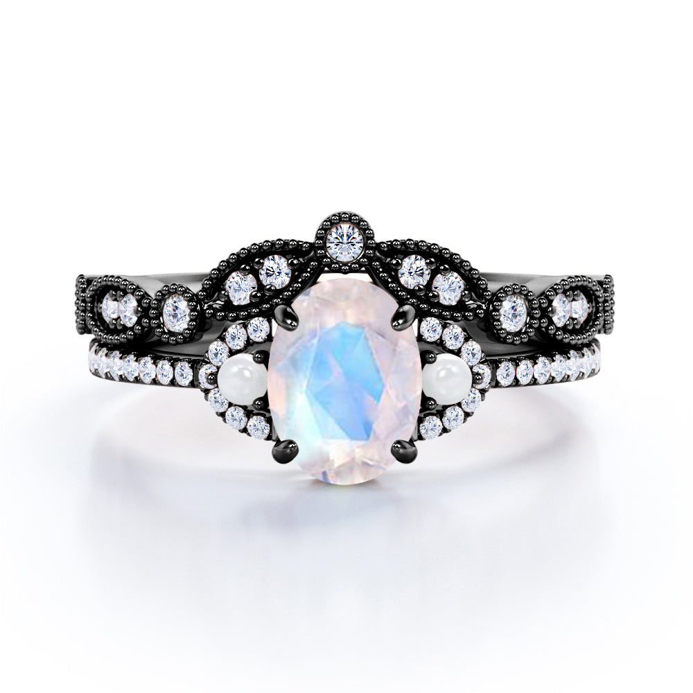 Chevron Milgrain 1.75 carat Oval cut Blue Moonstone, diamond and freshwater pearl wedding ring set for women in Rose gold