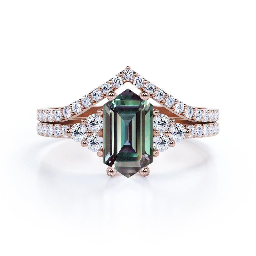 Pave Chevron 1.7 carat Hexagon shaped Lab made Alexandrite and diamond wedding ring set for her in White gold