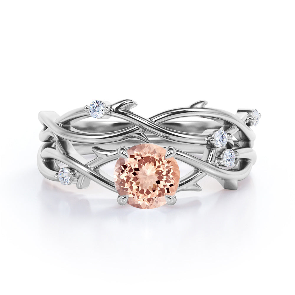 Twig and Vine inspired 1.1 carat Round cut Morganite and diamond earthy wedding ring set in Black gold