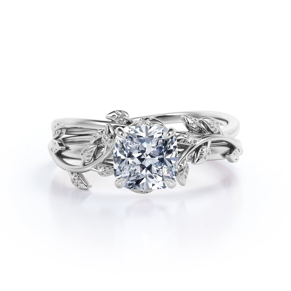 Twist Branch design 1 carat cushion cut Moissanite leaf wedding ring set in White gold