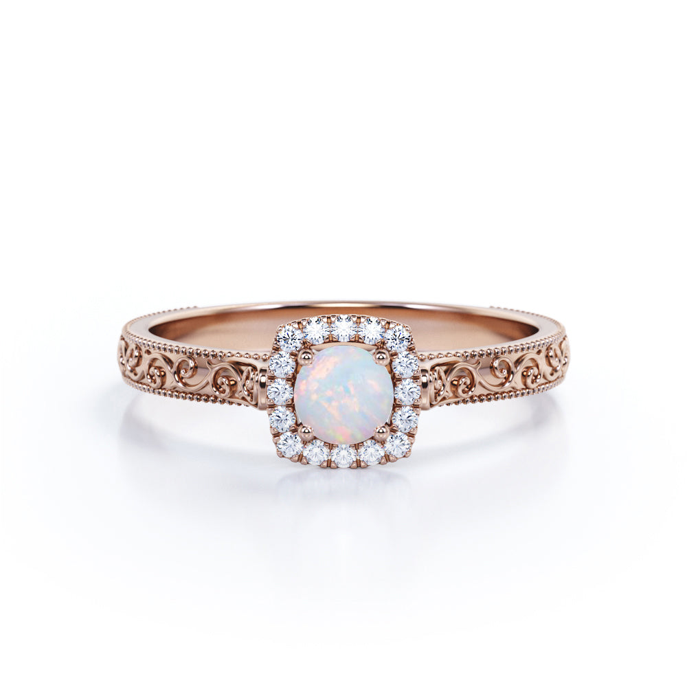 Vintage Halo 0.65 carat Round cut Australian boulder opal and diamond edwardian art deco engagement ring in White gold