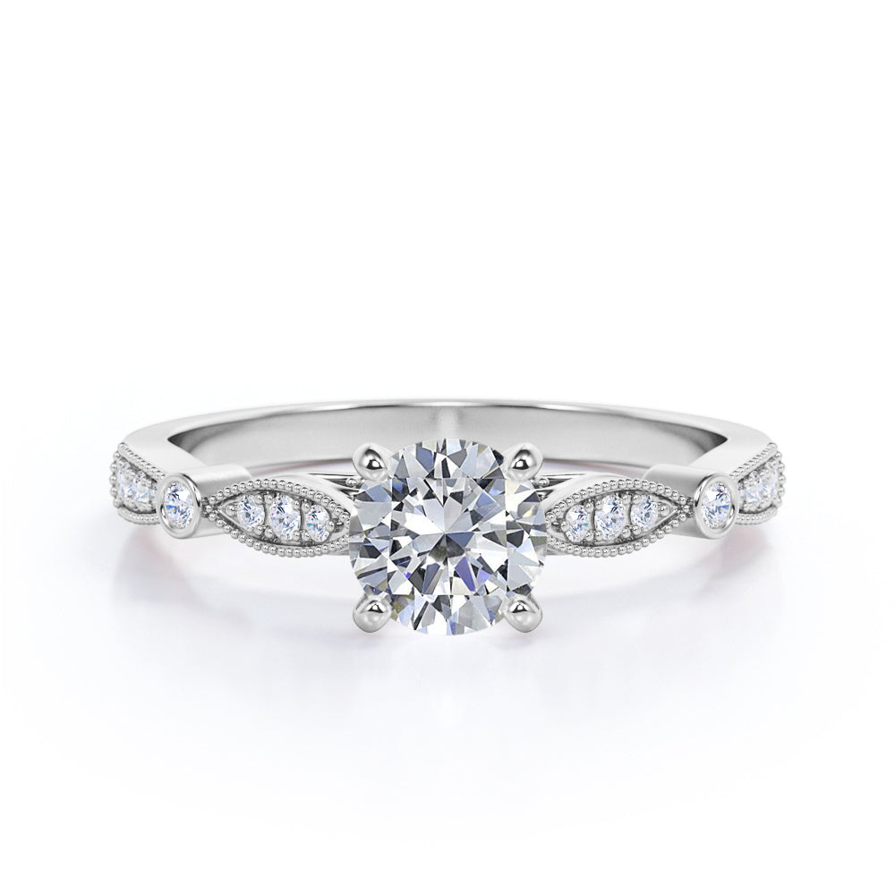 Vintage cathedral 1.25 carat Round cut Moissanite and diamond 4 prong engagement ring in Rose gold